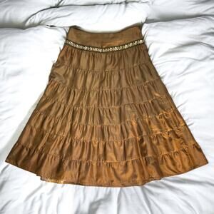 Star City Brown Midi Boho Skirt Size 3 Gold Embellished Full Lapis Style Dress